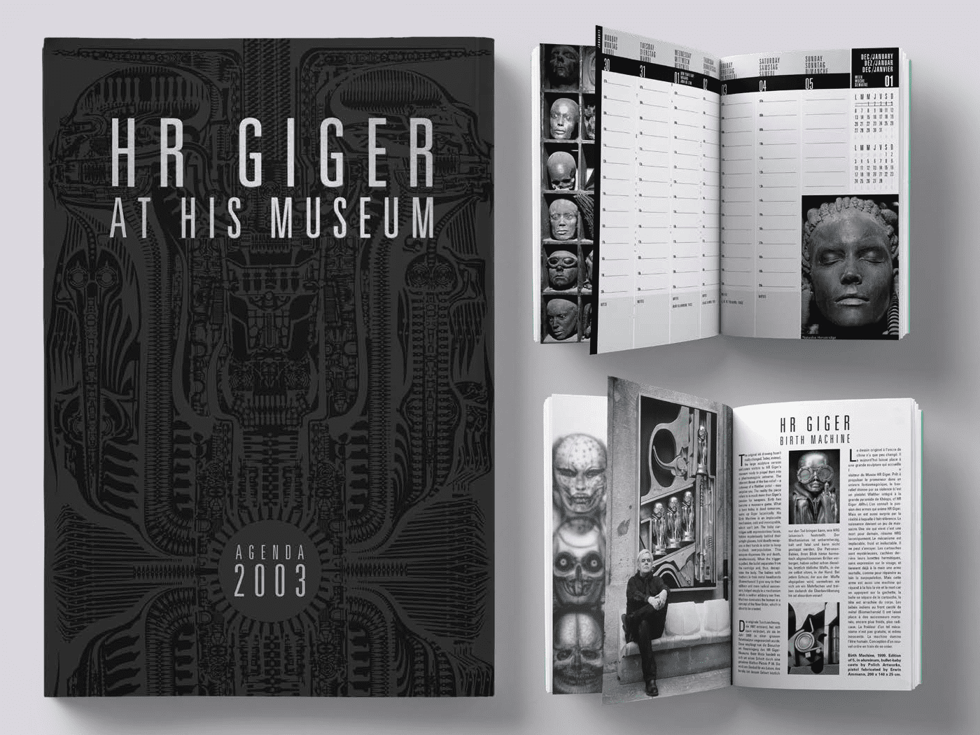 Création graphique de l'agenda 2003 du musée HR Giger à Gruyères en Suisse.