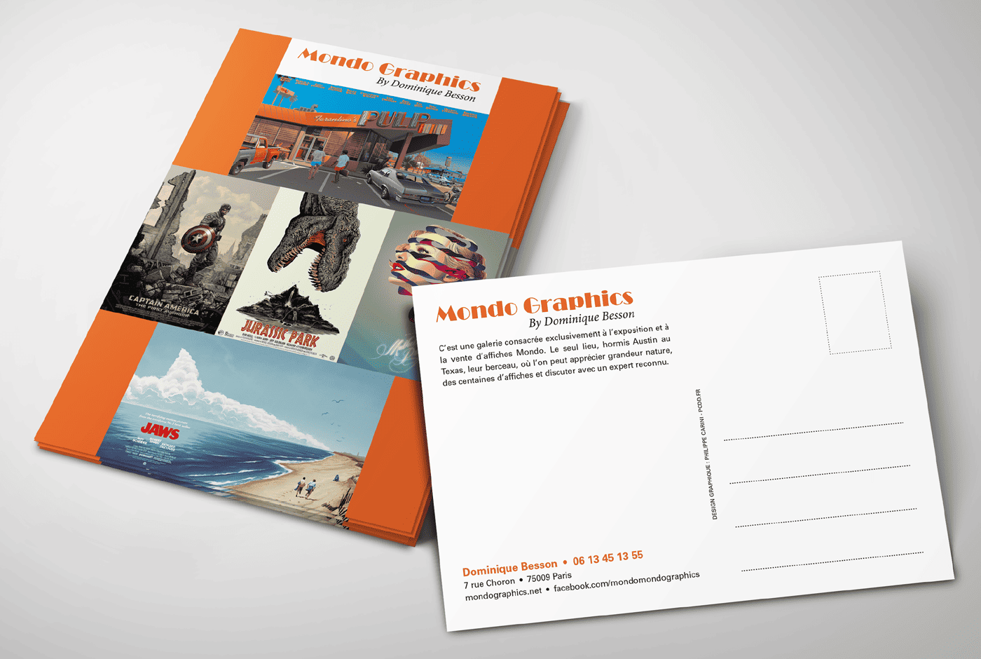 Création graphique de la carte postale pour la promotion de la galerie Mondo Graphics.