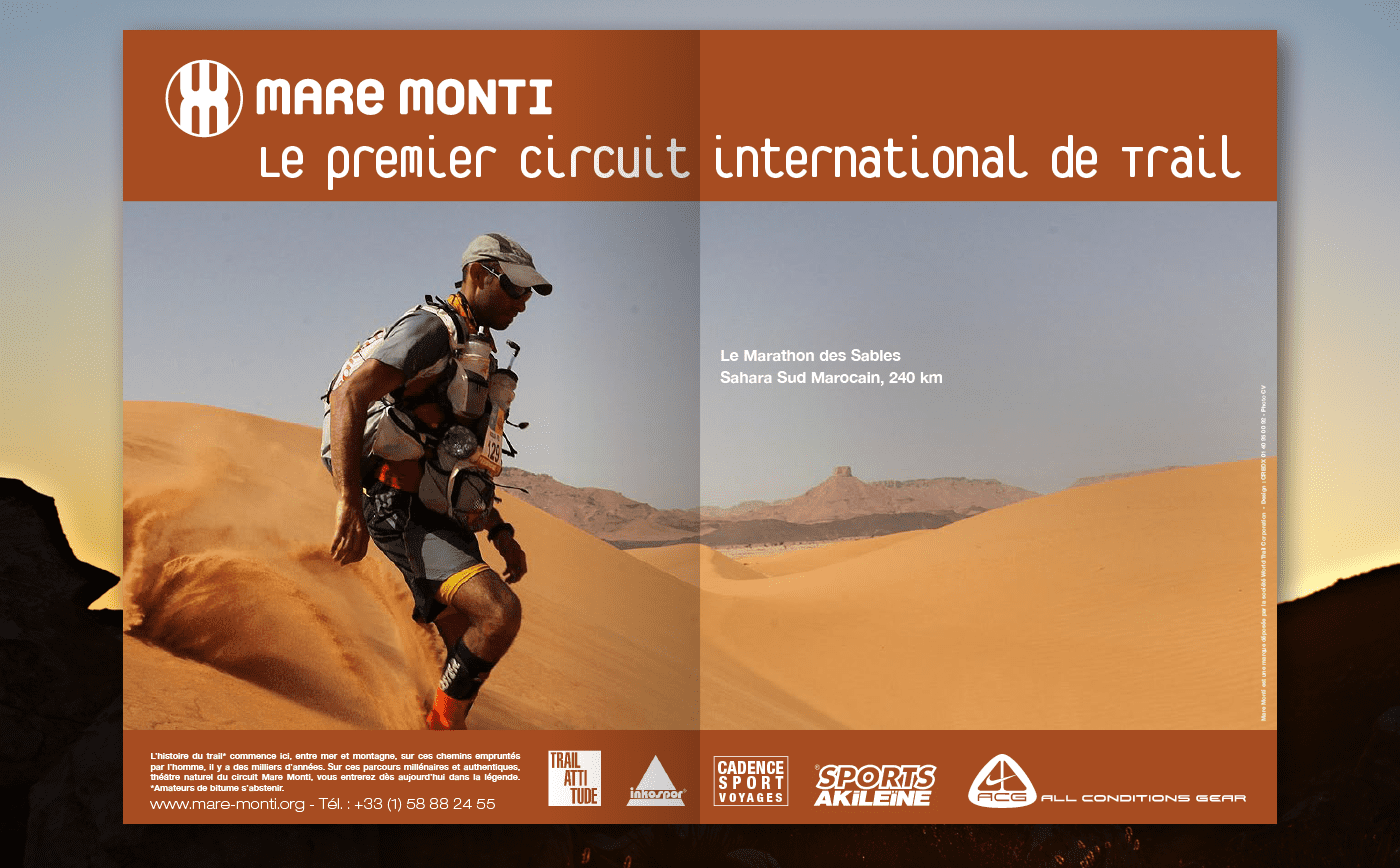 Création graphique de l'annonce presse du circuit international de trail Mare Monti au Maroc.